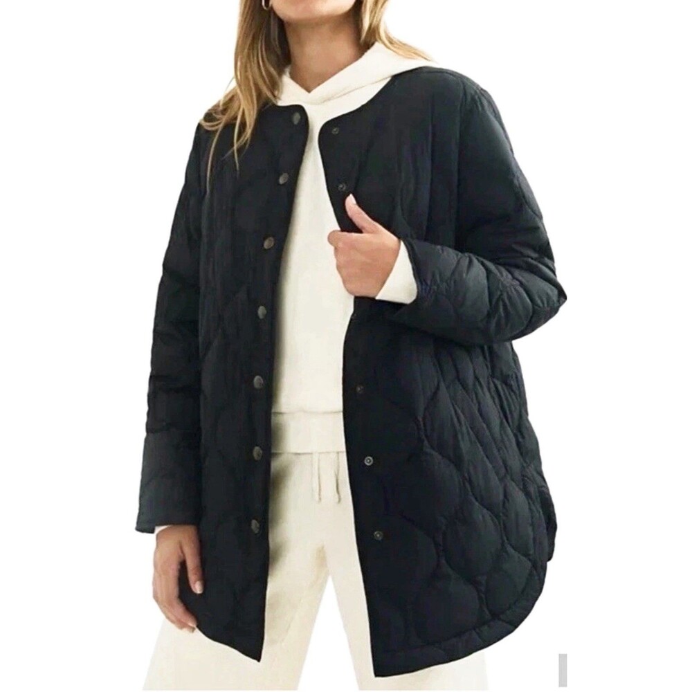 Marine Layer Puffer Black Down Quilted Snap Mid-Length Jacket Coat XL